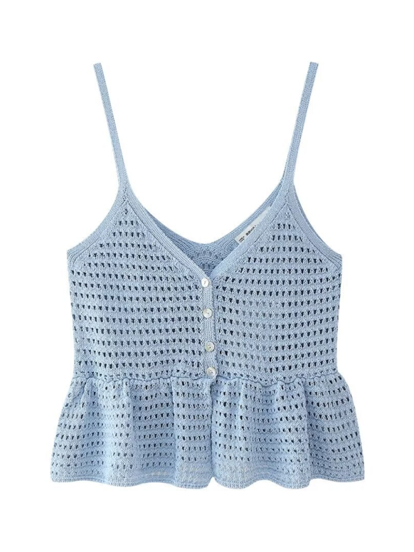 V-neck Suspender Knitted Cropped Top - Blue / S