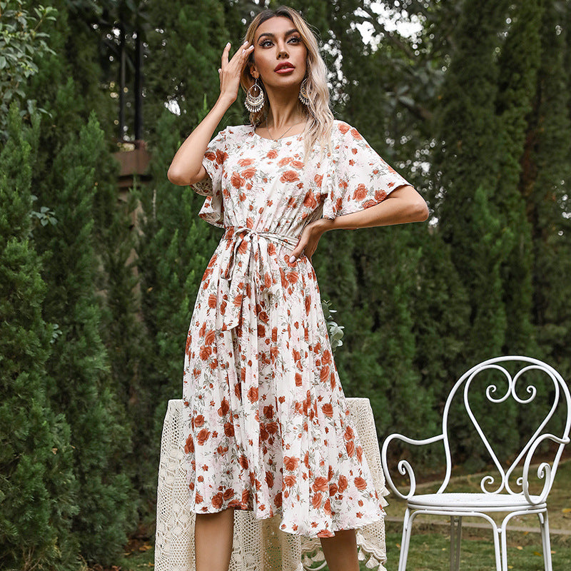 Floral Ruffle Sleeve Crew Neck Tie Pleated Dress