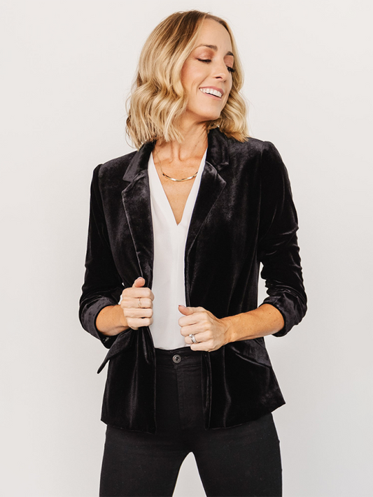 Velvet Slant Pocket Lapel Long Sleeve Blazer - Black / S