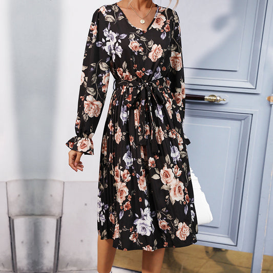 Women's floral printed long-sleeved dress