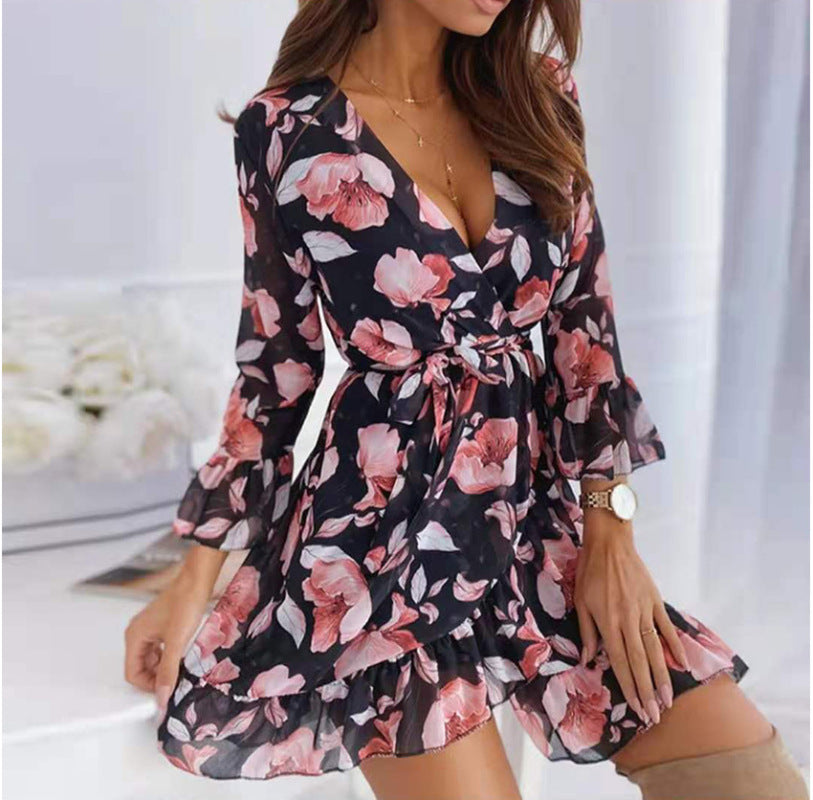 V-neck printed tie casual nine-quarter-sleeve ruffled dress