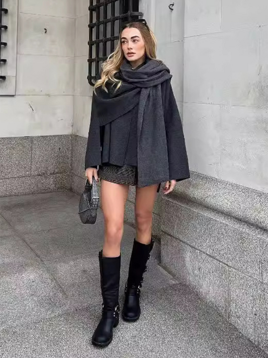 Women’s Asymmetric Scarf Knit Jacket - Charcoal grey / S