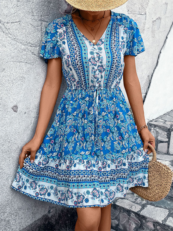 Women’s bohemian v-neck ethnic style floral dress - Blue / S