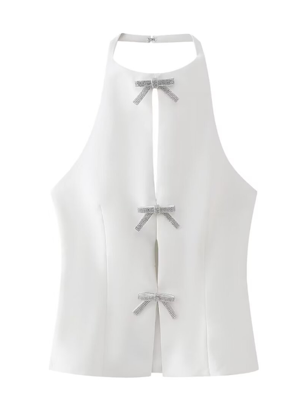 Women’s Bow Decorated Halter Neck Vest Top - White / XS