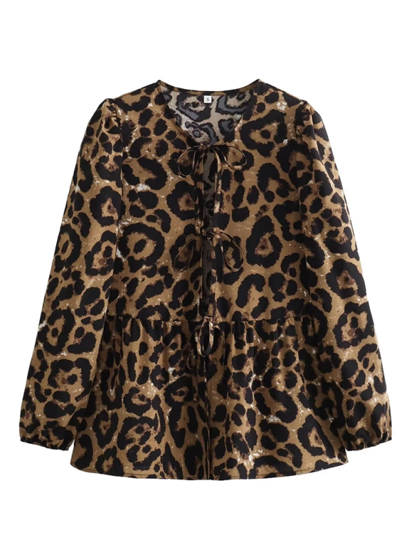 Women’s Bow Long Sleeve Shirt - Leopard / S