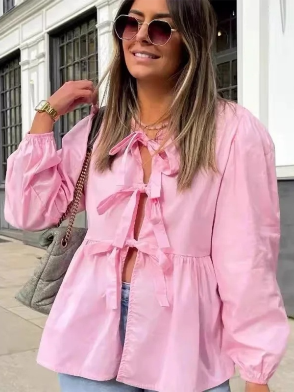 Women’s Bow Long Sleeve Shirt - Pink / S