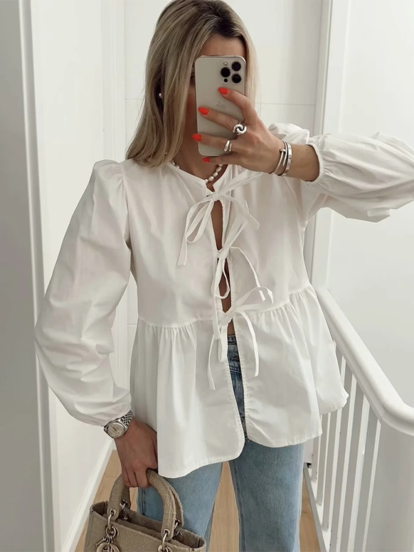 Women’s Bow Long Sleeve Shirt - White / S