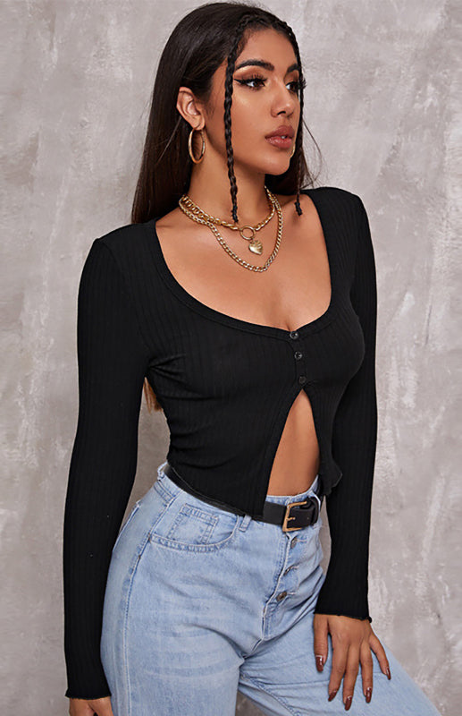 Women’s Button Crop Long Sleeve Top