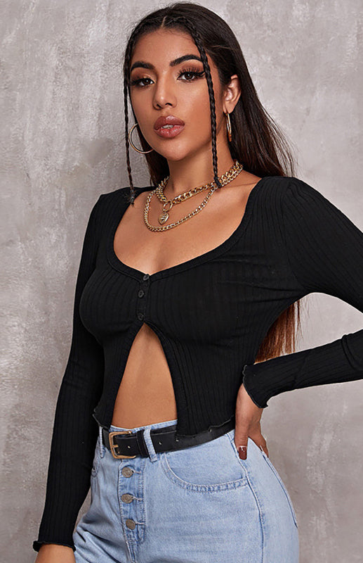 Women’s Button Crop Long Sleeve Top - Black / XS