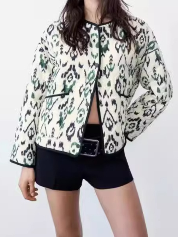 Women’s Casual Geometric Print Quilted Jacket - White / XS