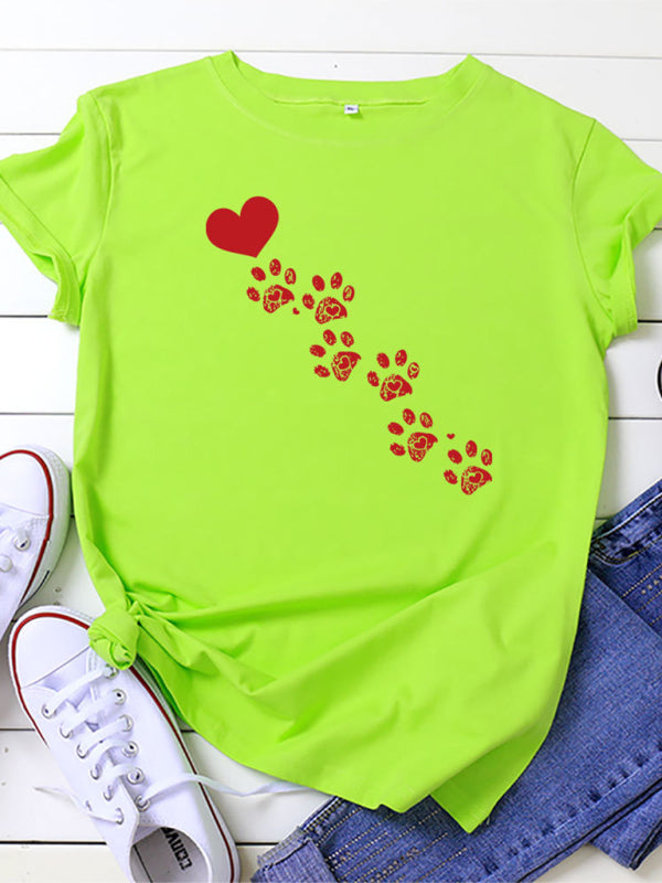 Women’s casual love animal footprint short-sleeved cotton