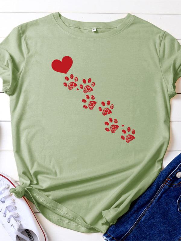 Women’s casual love animal footprint short-sleeved cotton