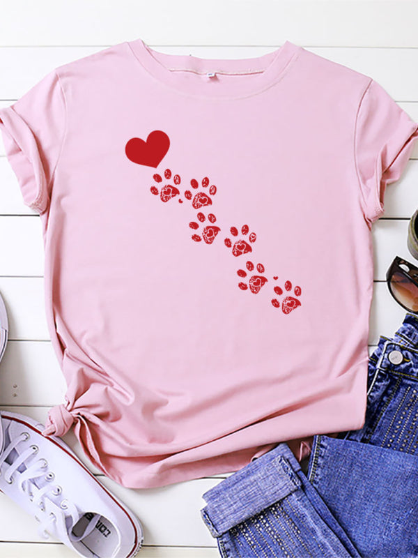 Women’s casual love animal footprint short-sleeved cotton