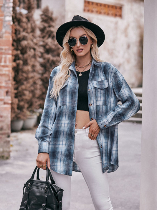 Women’s Casual Oversize Loose Plaid Shirt - Blue / S