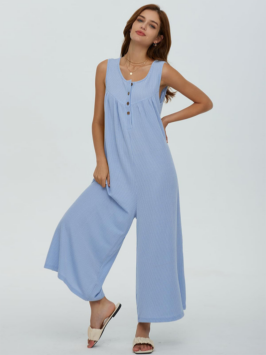 Women’s casual pocket button jumpsuit - Blue / S