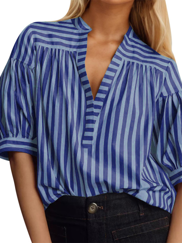 Women’s Casual Striped V-Neck Top - Blue / S