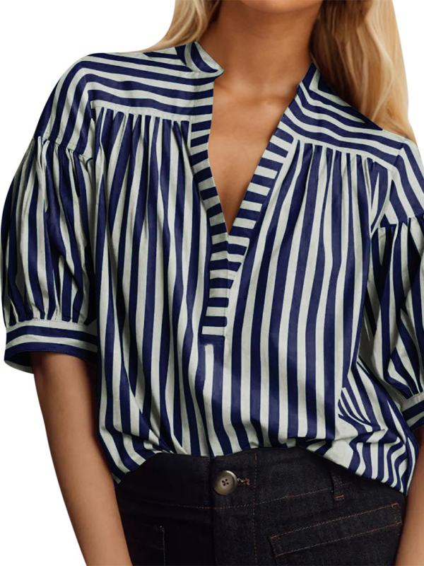 Women’s Casual Striped V-Neck Top - Champlain color / S