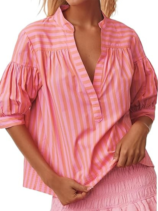 Women’s Casual Striped V-Neck Top - Pink / S