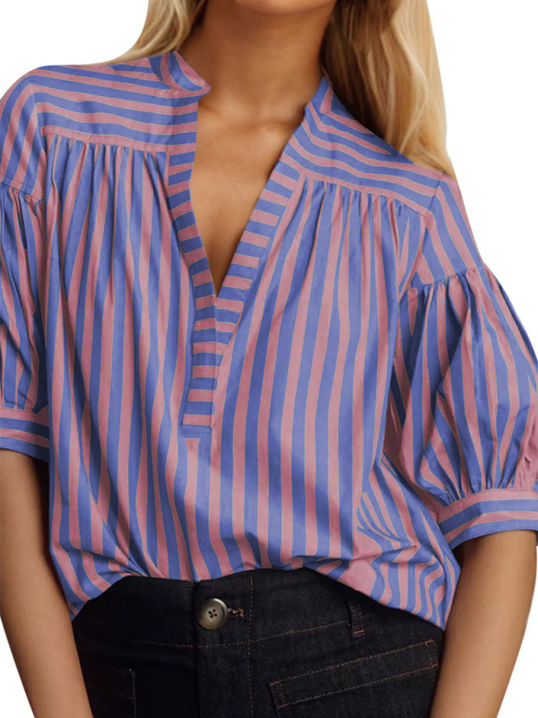 Women’s Casual Striped V-Neck Top - Purple / S