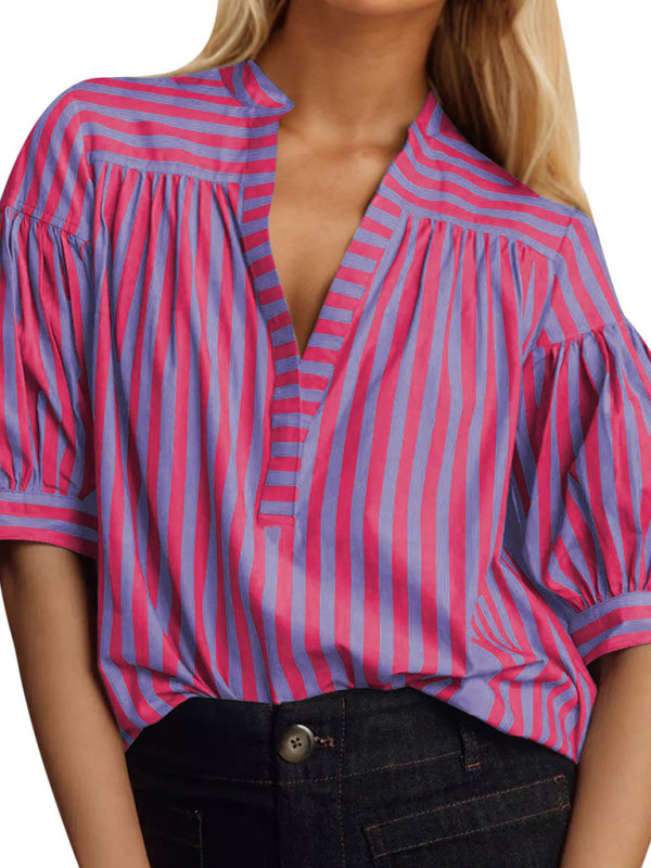 Women’s Casual Striped V-Neck Top - Purplish red / S