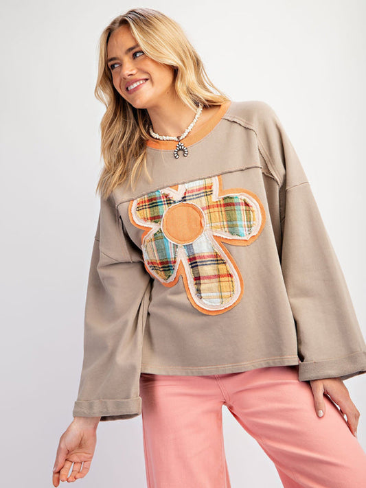 Women’s Colorblock Floral Patch Top Casual Loose