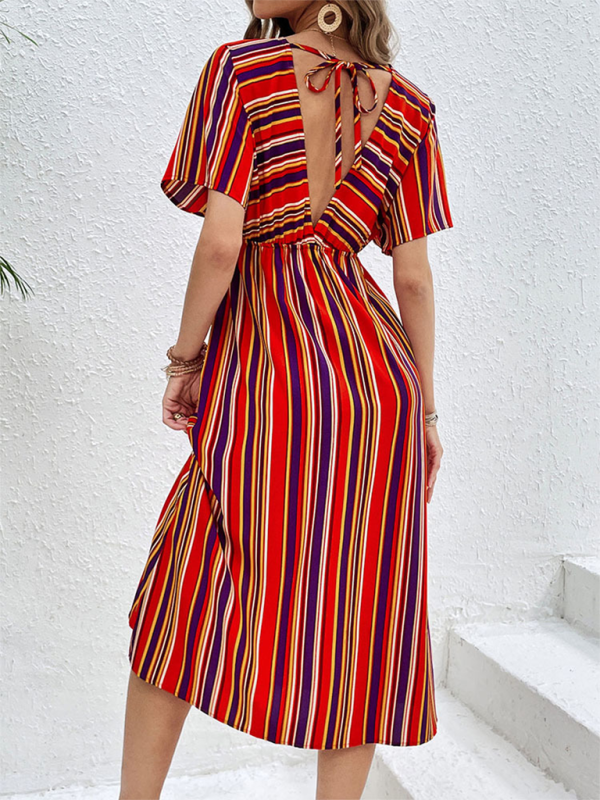 Women’s Colorful Striped Casual V-Neck Button High Waist