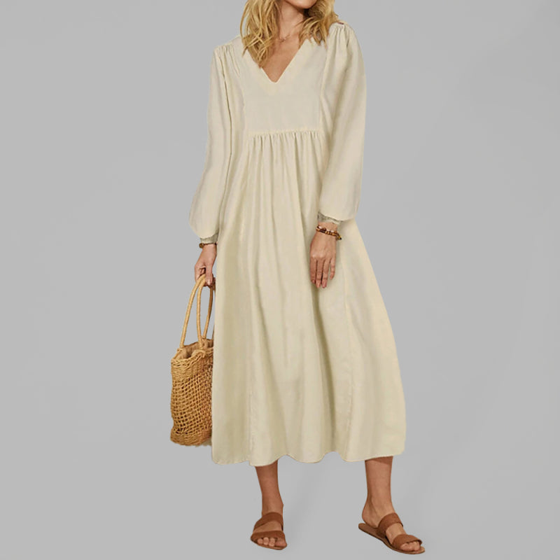 Women’s Cotton Linen Loose Balloon Sleeve Dress - White / M