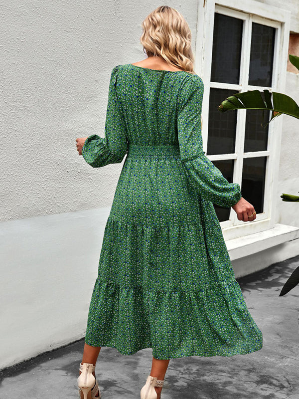 Women’s Crew Neck Long Sleeve Boho Print Dress - Dresses