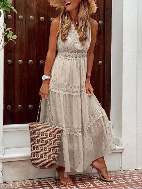 Women’s Deep V Sleeveless Lace-Panel Chiffon Midi Dress