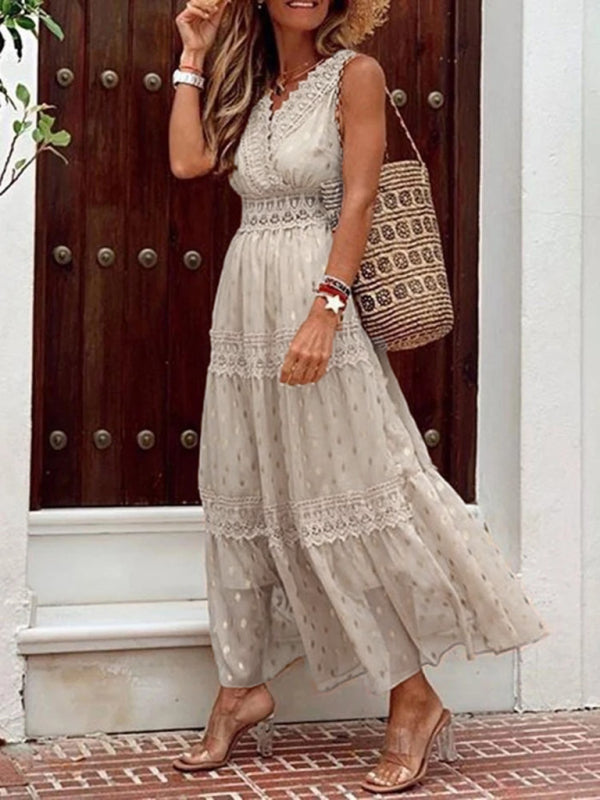 Women’s Deep V Sleeveless Lace-Panel Chiffon Midi Dress