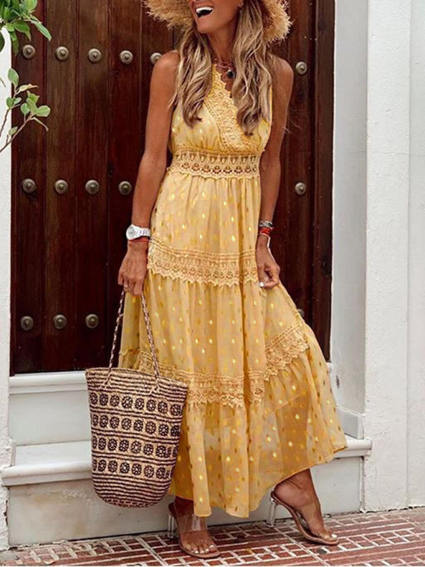 Women’s Deep V Sleeveless Lace-Panel Chiffon Midi Dress