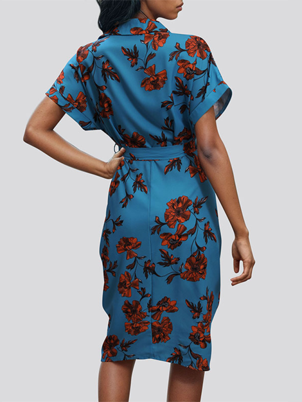 Women’s elegant commuting lace-up printed shirt dress