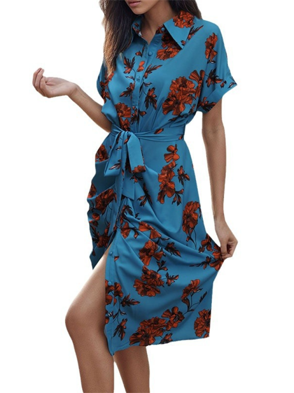 Women’s elegant commuting lace-up printed shirt dress