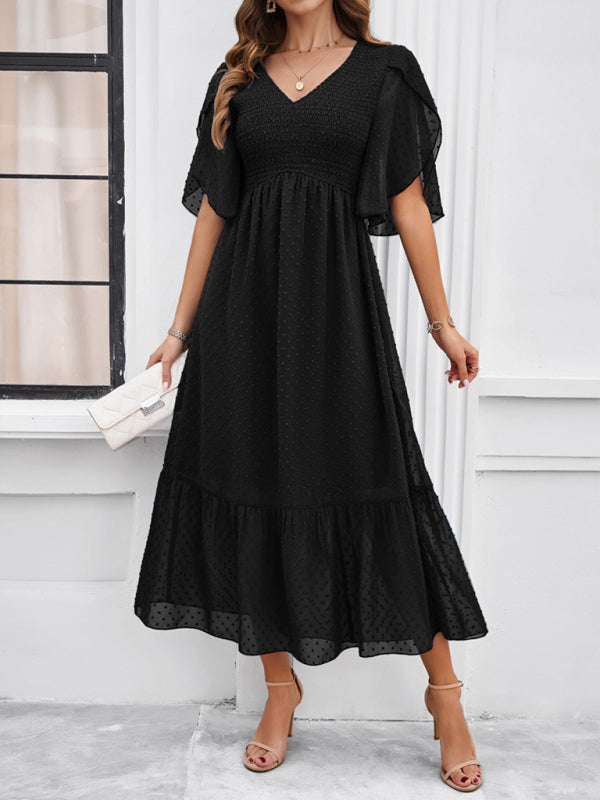 Women’s elegant solid color V-neck dress - Black / S