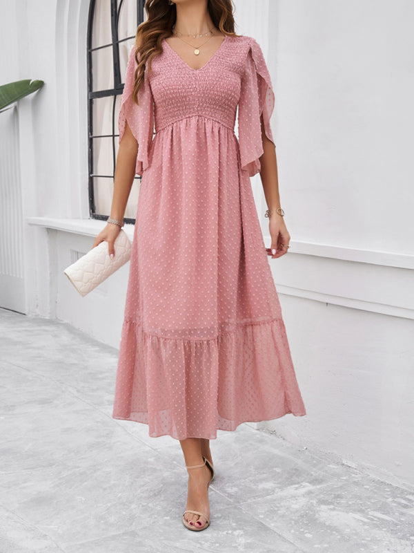 Women’s elegant solid color V-neck dress - Pink / S