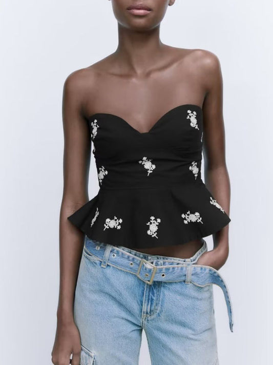 Women’s floral embroidered poplin tube top - Black / XS