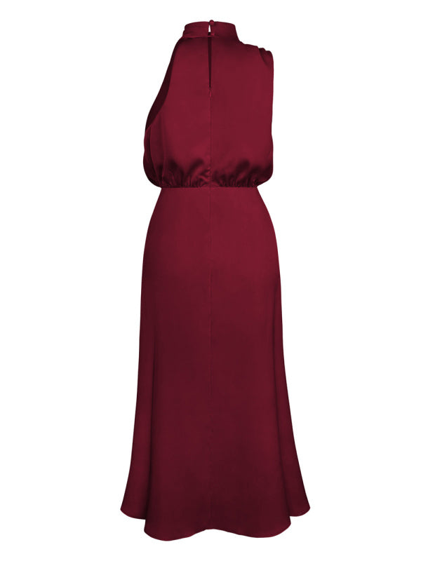 Women’s halter neck satin strap slim-fit mid-length dress