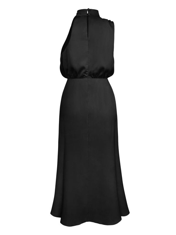 Women’s halter neck satin strap slim-fit mid-length dress