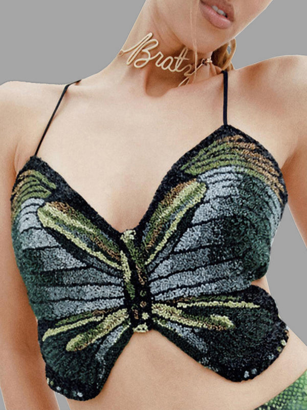 Women’s halter neck tie printed butterfly tank top