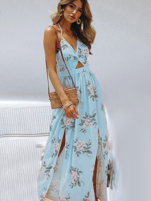 Women’s halter V-neck chiffon print dress