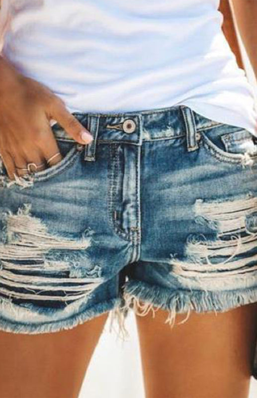 Women’s High-Waist Fringed Cut-Out Shorts - Denim Blue / S