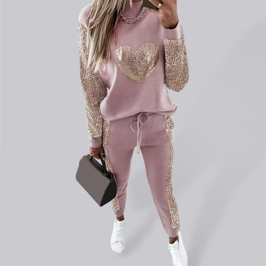 Women’s Khaki Love Sequins Casual Set - Pink / S