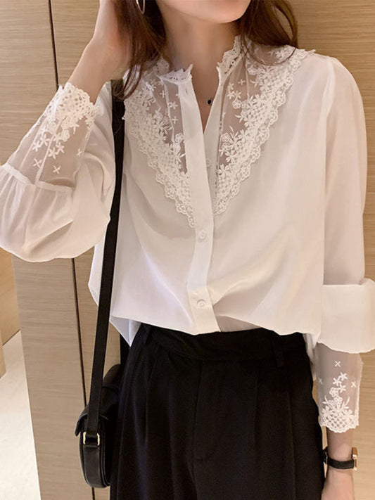 Women’s Lace Chiffon Panel Long Sleeve Blouse - Raw white