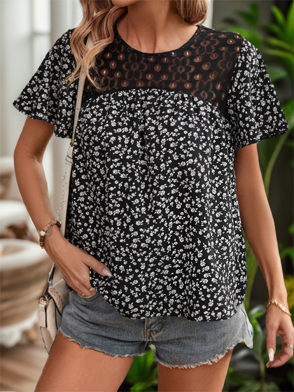 Women’s lace patchwork printed short-sleeved round neck