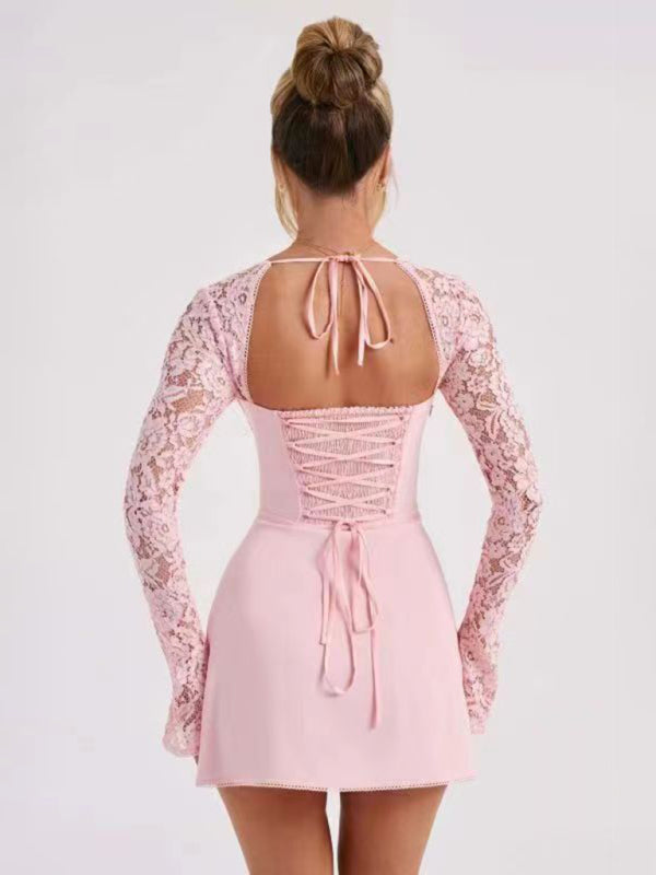 Women’s Lace Slim Fit Backless French Long Sleeve Dress