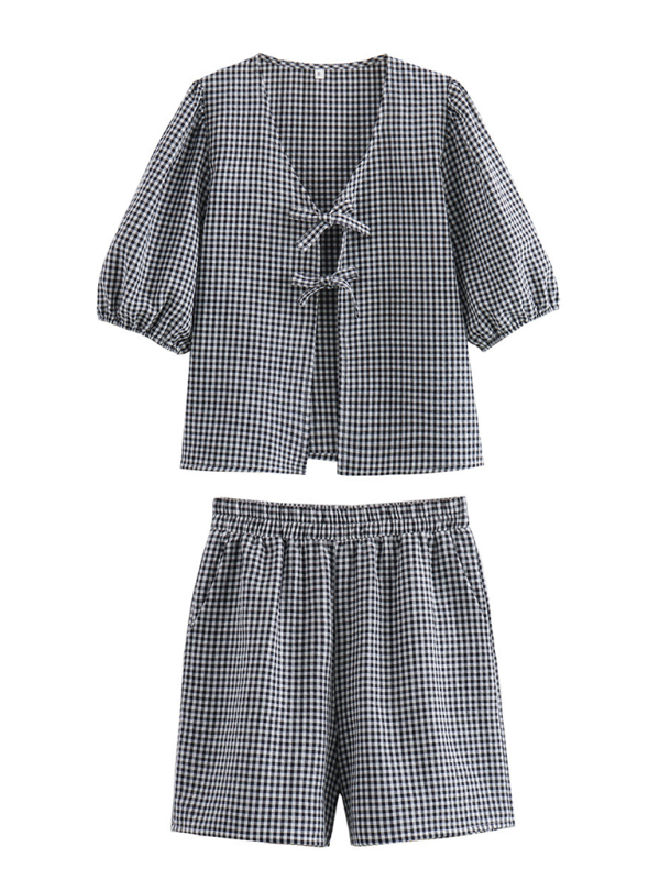 Women’s lace-up plaid top + plaid shorts two-piece set