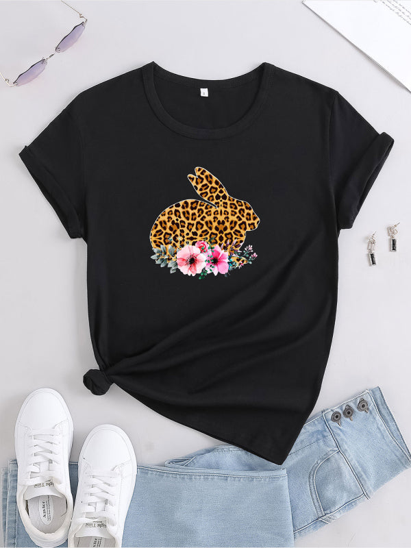 Women’s Leopard Rabbit Graphic Print Short Sleeve T-shirt