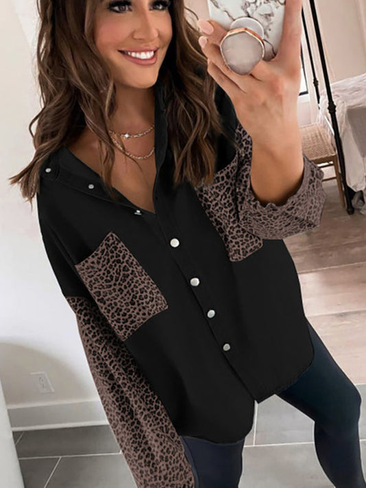 Women’s Long Sleeve Pocket Leopard Print Lapel Cardigan