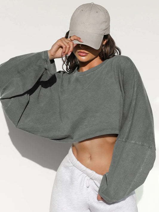 Women’s loose round neck high waist sweatshirt - Grey / XS