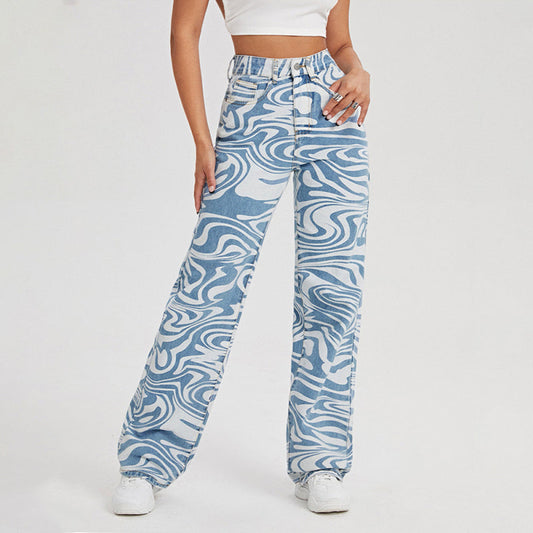 Women’s loose water ripple printed straight denim jeans